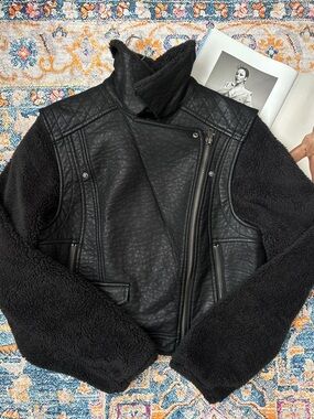 BDG Black Mixed-Media Moto Jacket with Sherpa Sleeves